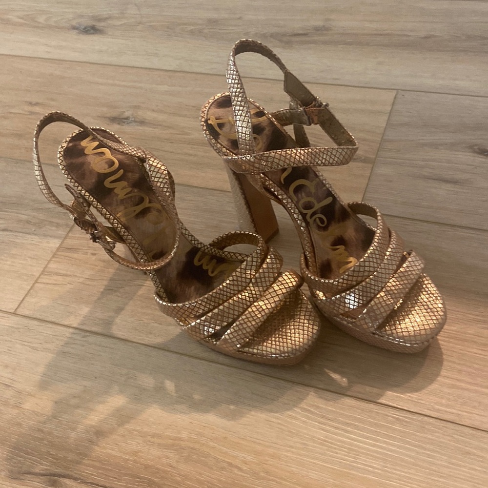 Sam Edelman gold disco platform block heels, size 9.
